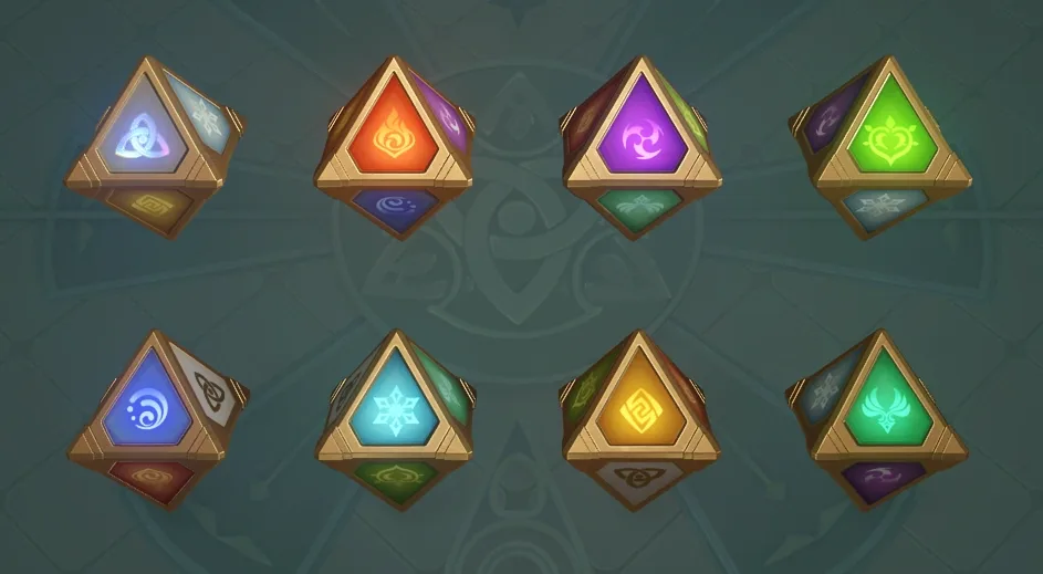 The eight faces of a Genius Invokation TCG Elemental Die: Omni, Pyro, Electro, Dendro, Hydro, Cryo, Geo and Anemo.