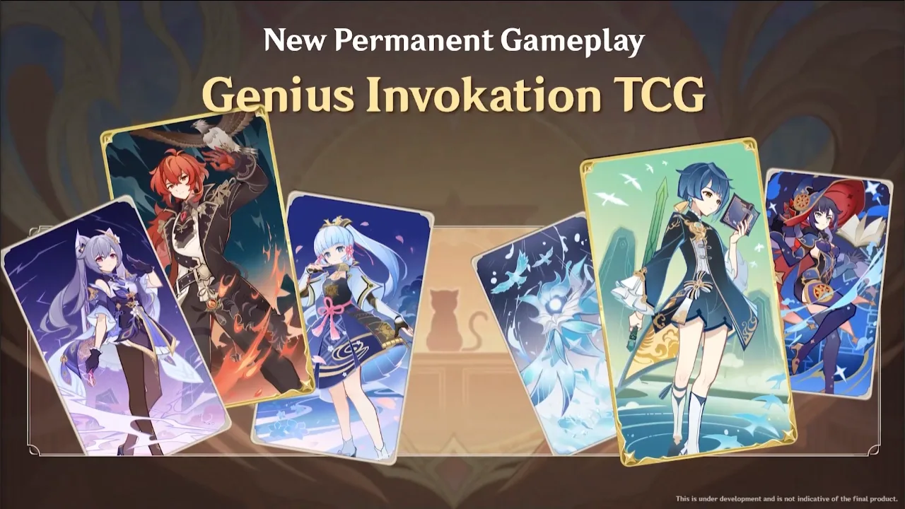 The official Genius Invokation TCG announcement art showing Keqing, Diluc, Kamisato Ayaka, Xingqiu and Mona character cards fanned across a table.