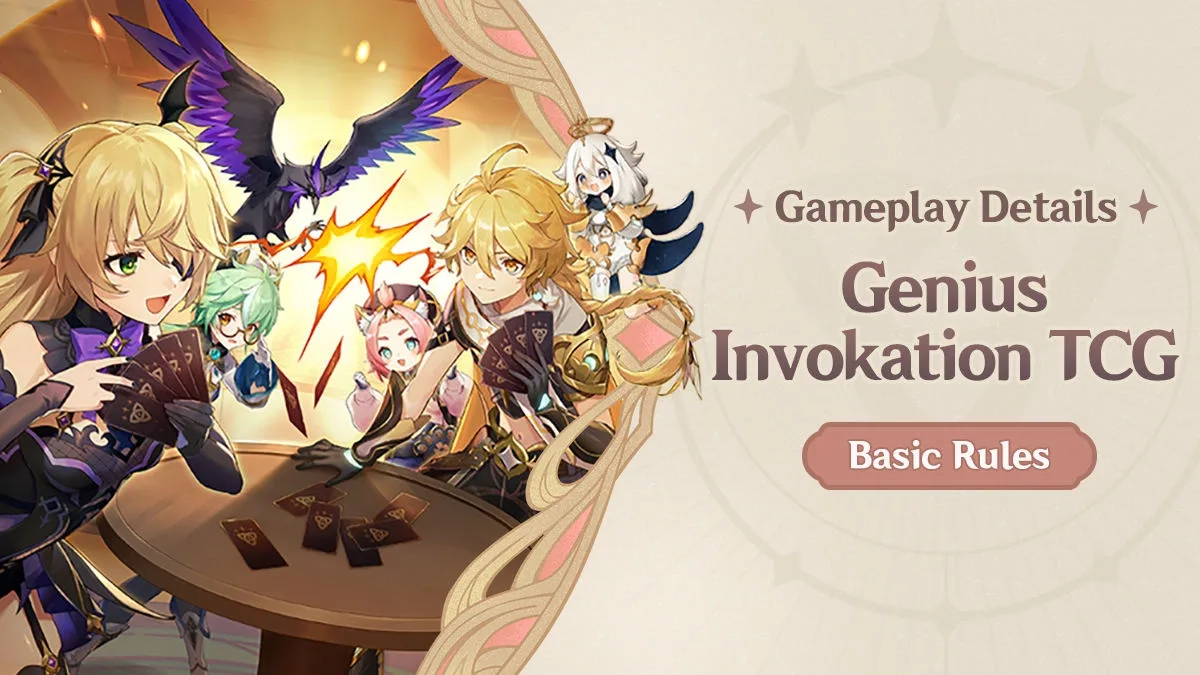 The official Genius Invokation TCG basic rules panel showing Lumine, Aether, Paimon, Klee and Collei playing cards at a tavern table.