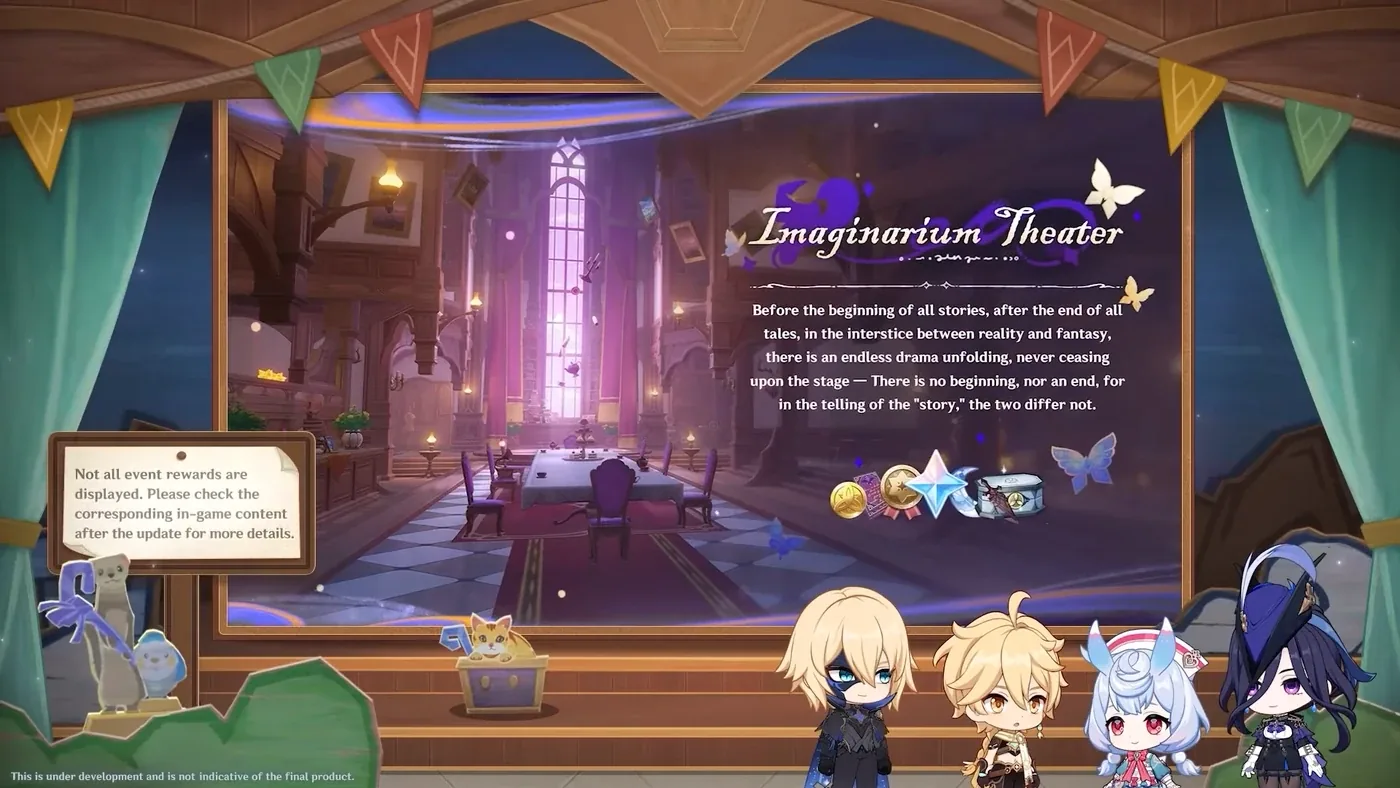 The Imaginarium Theater announcement artwork showing the Theater Lobby stage where Genshin Impact players run their monthly performance challenges.