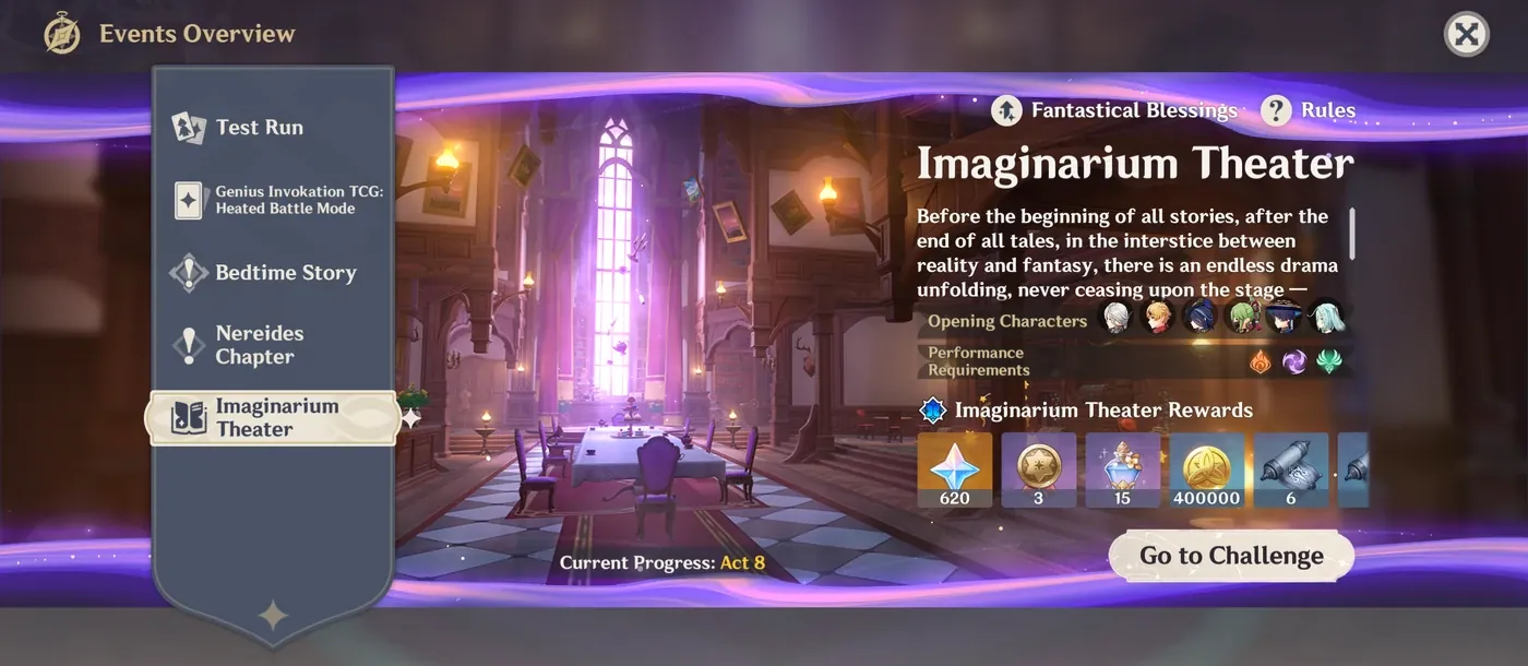 The Imaginarium Theater event selection menu, where each completed battle awards Fantasia Flowers and offers a choice of Companion, Blessing and Mystery Cache events.