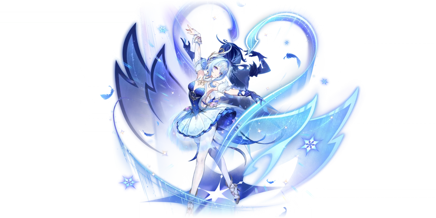 Odette's official Event Wish splash art: the pale-blue-haired ballerina in a blue bodice and white tutu poses on one pointe with an arm raised, framed by sweeping swan-wing shapes of blue light, while a dark-haired shadow double reaches out behind her.