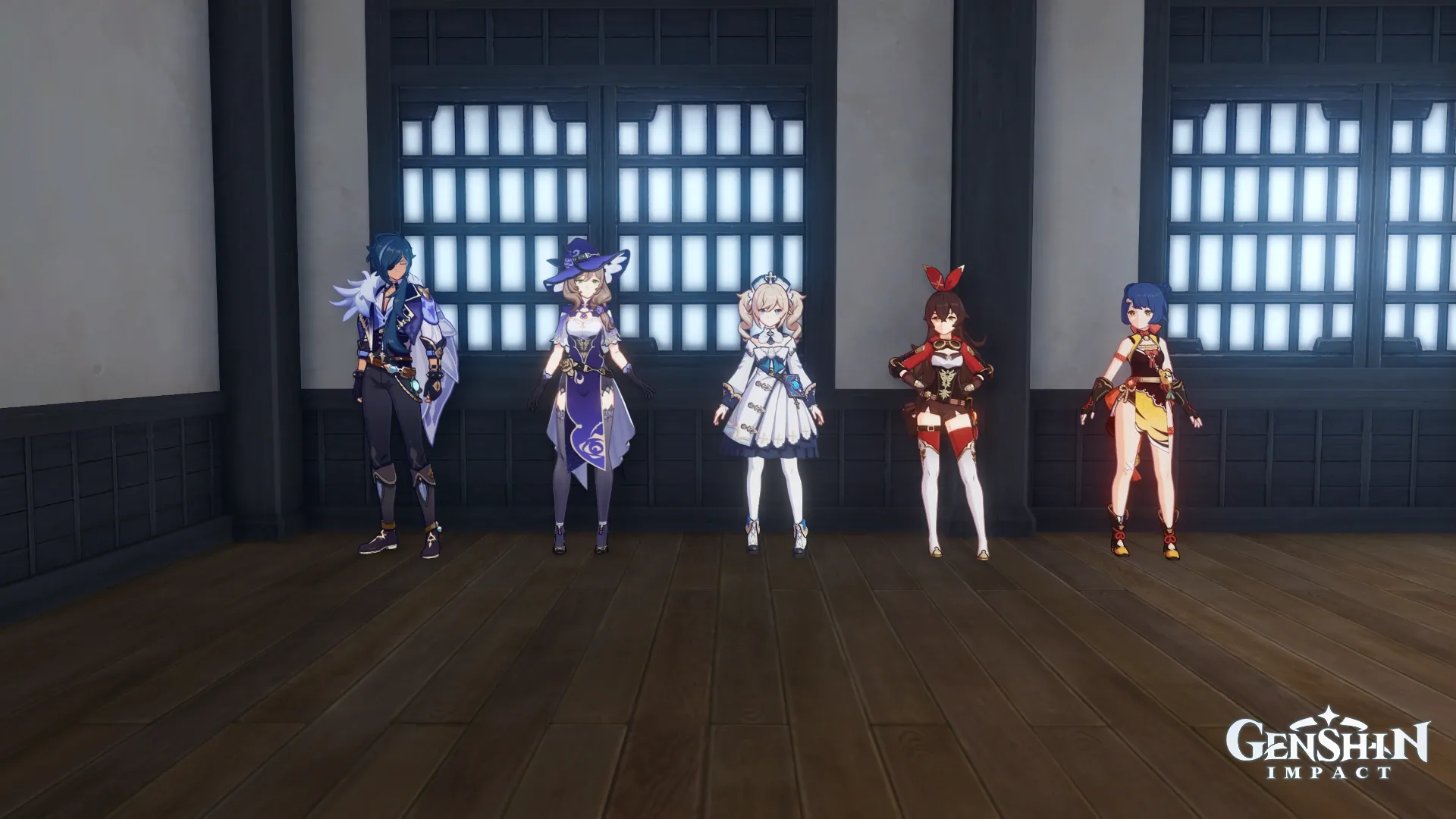 Five invited companions, including Kaeya, Lisa, Barbara, Amber, and Xiangling, standing inside a Serenitea Pot mansion.