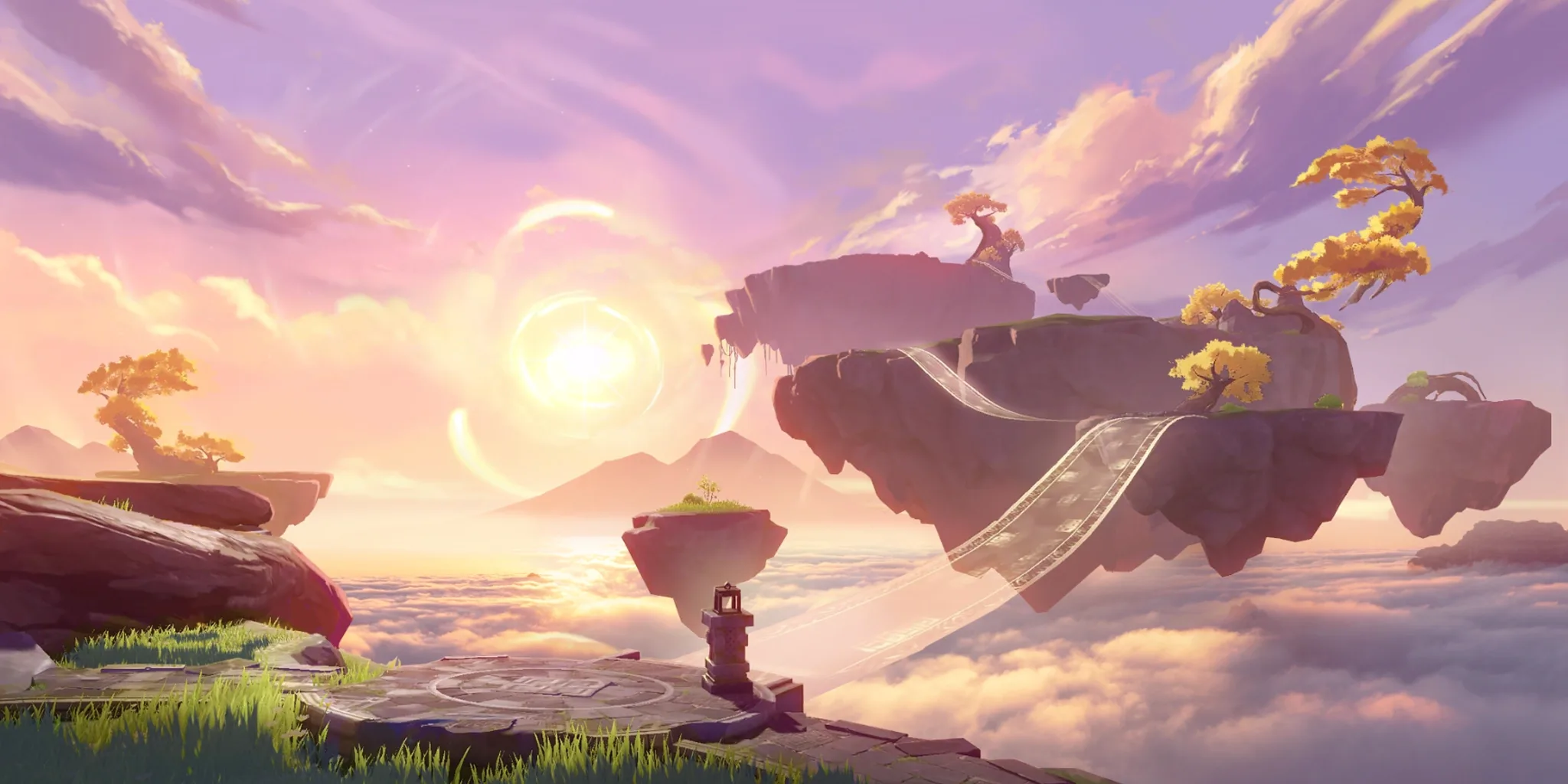 The Floating Abode realm layout in the Serenitea Pot, with floating islands and golden-leafed trees drifting above a sea of clouds at sunset.