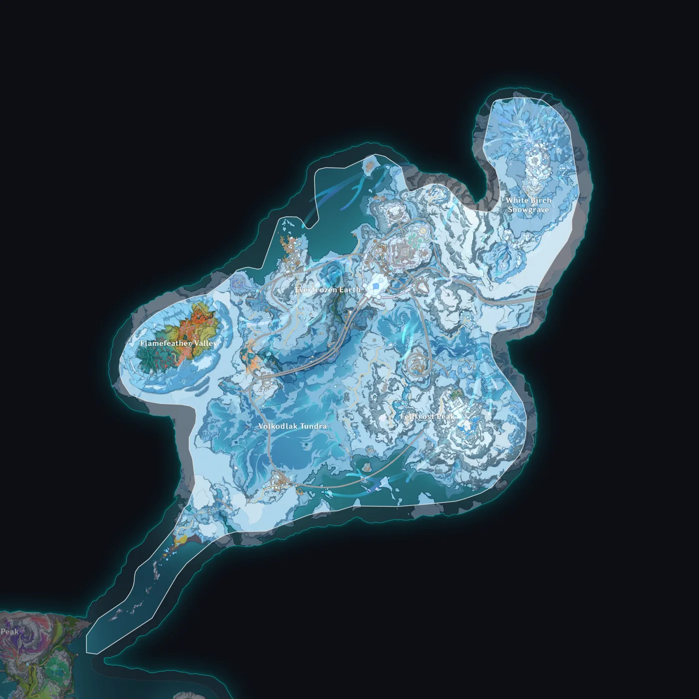 The Snezhnaya region map from Genshin Impact Version 7.0, covering Volkodlak Tundra, Everfrozen Earth, Fellfrost Peak, Flamefeather Valley and White Birch Snowgrave.