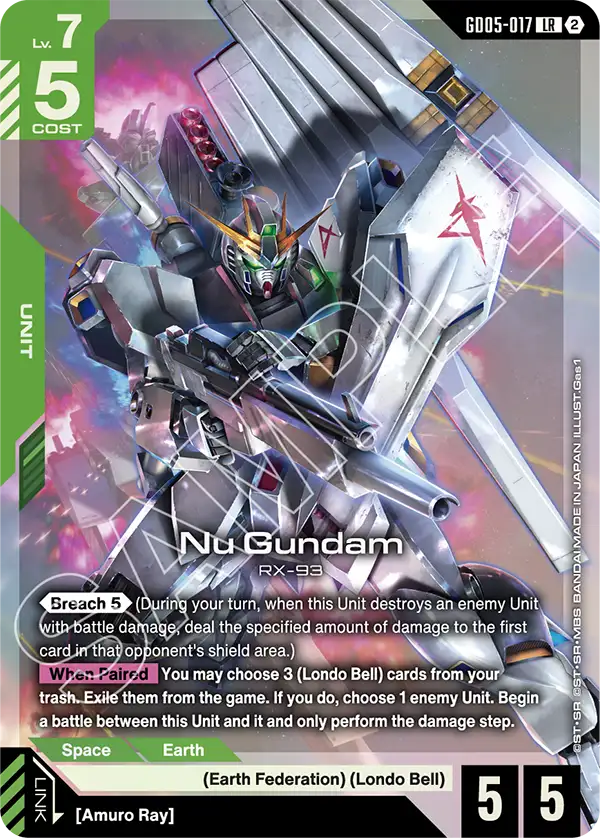 The official Gundam Card Game card GD05-017 Nu Gundam, a green Unit showing Lv. 7 and COST 5, 5 AP and 5 HP, and the link requirement Amuro Ray printed at the bottom-left.
