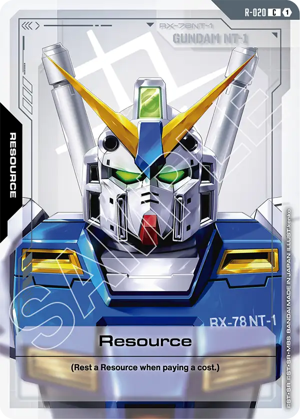 The official Gundam Card Game Resource card R-020, showing the Gundam NT-1 head, no level, no cost, no colour, and the note that you rest a Resource when paying a cost.