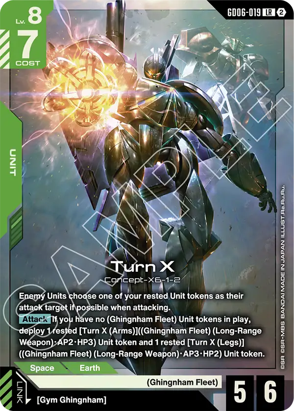 The official Gundam Card Game card GD06-019 Turn X, a green Lv. 8 cost 7 Legend Rare Unit with 5 AP and 6 HP: a dark bronze mobile suit standing in a smoky blue sky beside a burst of yellow and orange energy, with a second, faded figure behind it, above text that makes enemy Units choose one of your rested Unit tokens as their attack target if possible and a teal Attack tab that deploys rested Turn X (Arms) and Turn X (Legs) Unit tokens, with the Ghingnham Fleet trait and the link requirement Gym Ghingnham, under a SAMPLE watermark.