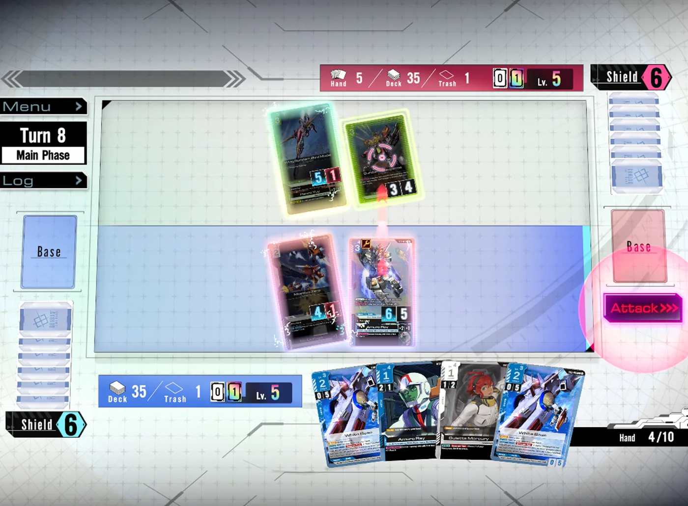 Bandai's App Store screenshot of a Gundam Card Game Teaching App match at Turn 8, Main Phase: two Units on each side of a blue-and-white battle field, both players at Shield 6 and Lv. 5 with 35 cards left in deck, a hand of four cards along the bottom including White Base, Amuro Ray and Suletta Mercury, a Hand 4/10 counter, and a glowing pink Attack button on the right.