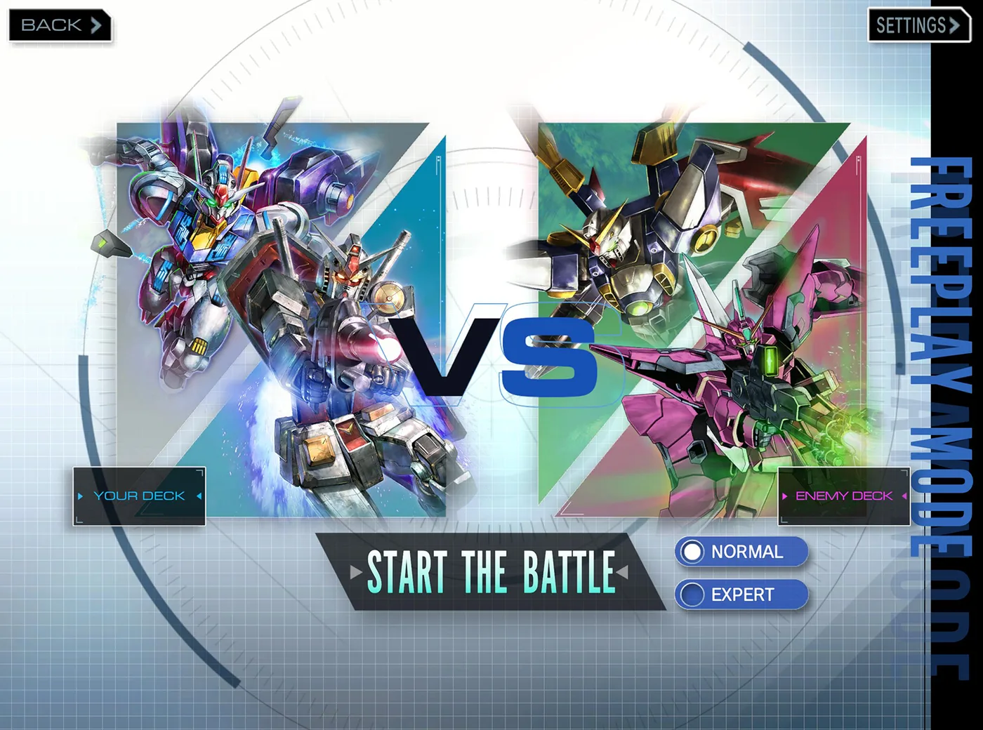 Bandai's App Store screenshot of the Gundam Card Game Teaching App's Free Battle setup screen, headed FREEPLAY MODE down the right edge: a YOUR DECK panel with the RX-78-2 Gundam and a white, blue and purple Gundam on a blue background, a large VS, an ENEMY DECK panel with Wing Gundam and the magenta Aegis Gundam on green and pink, a START THE BATTLE button, and radio buttons for NORMAL and EXPERT.