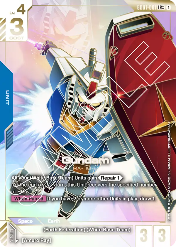 The official Gundam Card Game card GD01-001 Gundam in its LR++ printing, a borderless full-art image of the RX-78-2 firing a beam rifle with its shield raised, LR and a double mark in the top-right corner.