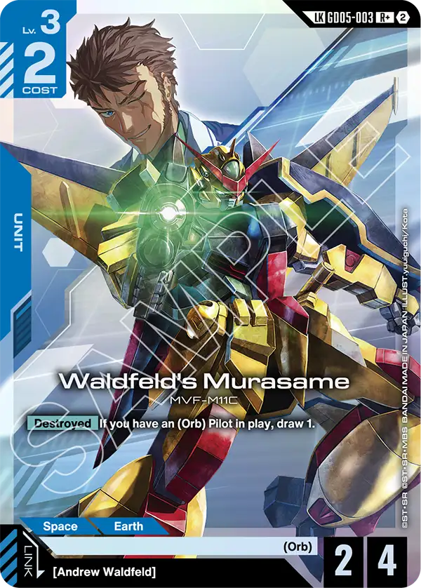 The official Gundam Card Game card GD05-003 Waldfeld's Murasame, a Link Rare parallel showing Andrew Waldfeld beside the gold and blue Murasame mobile suit, with an LK badge and the rarity R plus one mark in the top-right corner.