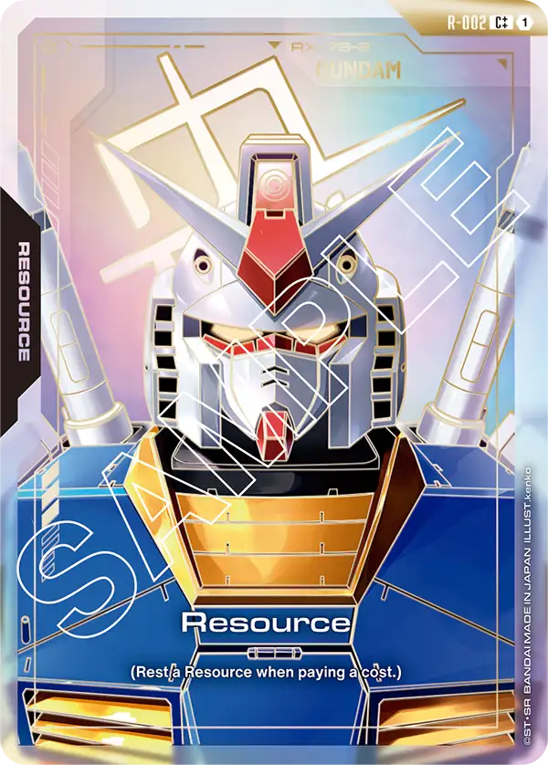 The official Gundam Card Game card R-002 Resource in its C++ printing, a full-art gold-bordered card showing the head and shoulders of the RX-78-2 Gundam, with R-002 and the C double-plus rarity mark in the top-right corner.