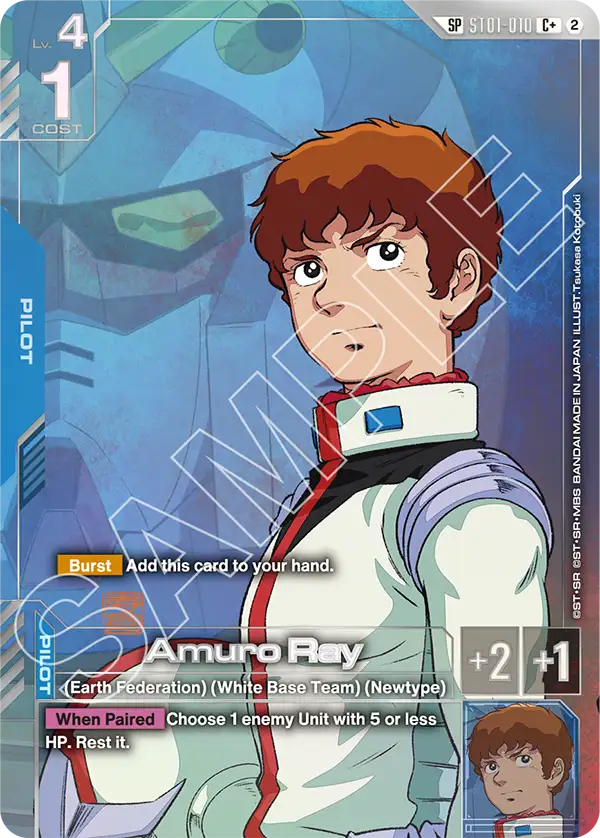 The official Gundam Card Game card ST01-010 Amuro Ray as an SP Card, showing Amuro in his Federation pilot suit, with an SP badge, the card number, and the rarity C plus one mark in the top-right corner.
