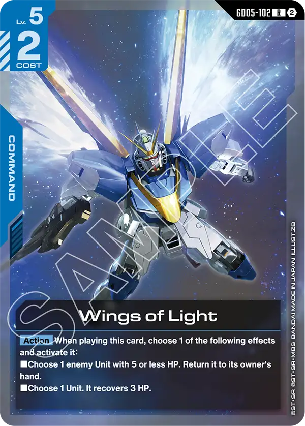 The official Gundam Card Game card GD05-102 Wings of Light, a blue Lv. 5 cost 2 Command with an Action effect offering a choice between returning an enemy Unit with 5 or less HP to hand or recovering 3 HP on a Unit.