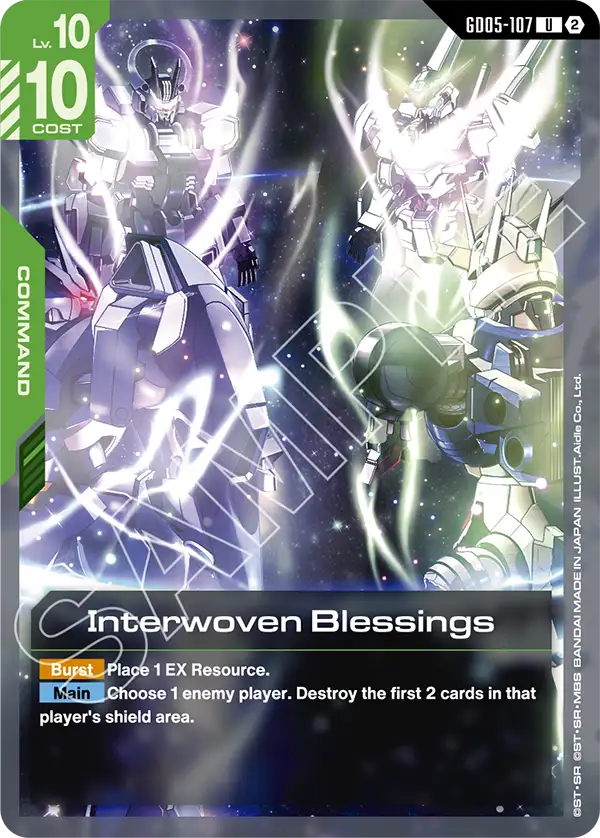 The official Gundam Card Game card GD05-107 Interwoven Blessings, a green Lv. 10 cost 10 Command with a Burst effect placing one EX Resource and a Main effect destroying the first two cards in an enemy shield area.