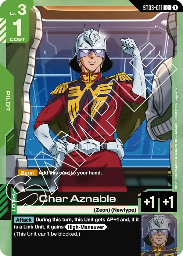 The official Gundam Card Game card ST03-011 Char Aznable, a green Lv. 3 cost 1 Pilot with plus-one AP and plus-one HP, a Burst effect reading Add this card to your hand, and an Attack effect granting AP+1 plus High-Maneuver if it is a Link Unit.