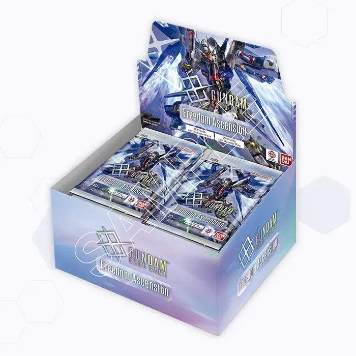 The Freedom Ascension GD05 booster display box, open, with sealed booster packs standing inside and the panel text reading 12 Cards per Booster Pack and 24 Packs per Booster Box.