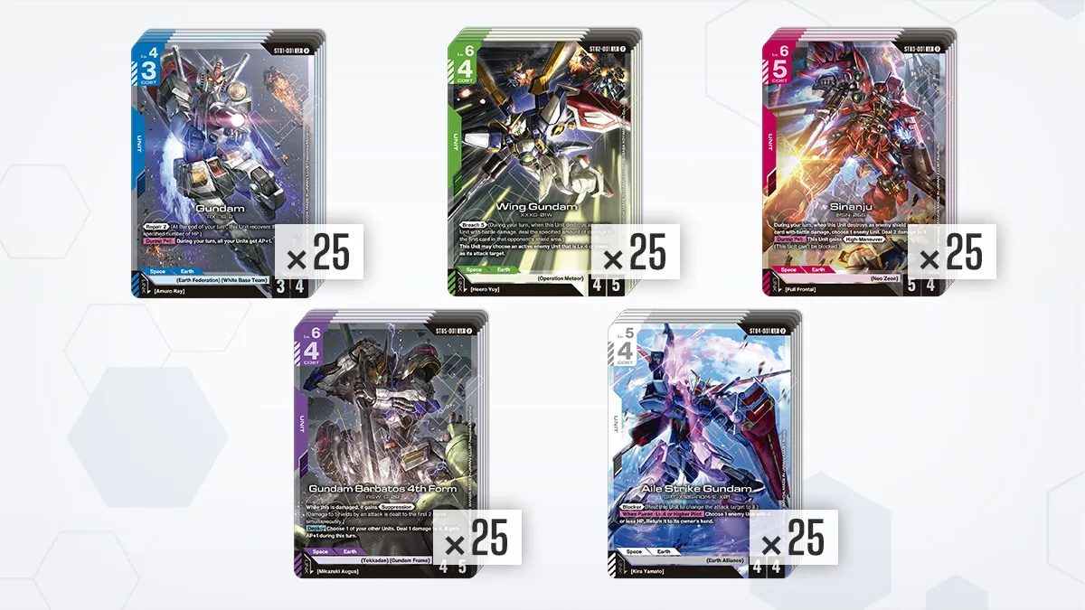 Official product image for Deck Build Box Freedom Ascension, showing five mobile suit cards - one blue, green, red, purple and white - each labelled with a times 25 marker.