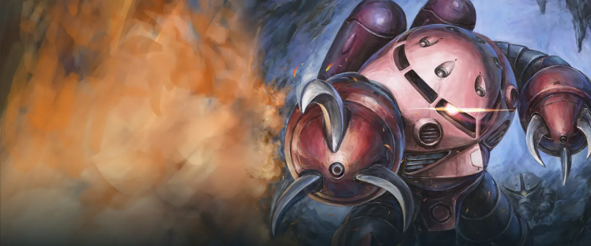 Official key visual for the Gundam Card Game starter deck Aquatic Assault [ST11], showing Char's Z'gok with its claw arms extended against smoke and blue water.