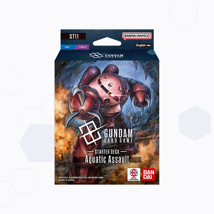 The Gundam Card Game starter deck Aquatic Assault in its retail box, with the ST11 code and a two-tone BLUE and PURPLE colour band printed across the top panel.