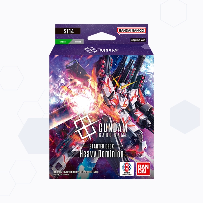 The Gundam Card Game starter deck Heavy Dominion in its retail box, showing the ST14 code and a GREEN and WHITE colour band above artwork of a heavily armed mobile suit firing.