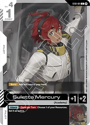 A sample Gundam Card Game Pilot card, ST01-011 Suletta Mercury, showing the Burst effect above the card name and the plus-one AP and plus-two HP modifiers with the paired-Unit effect below it.