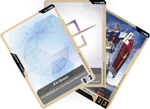 The official Gundam Card Game token cards, including the EX Base with 0 AP and 3 HP and the EX Resource token.