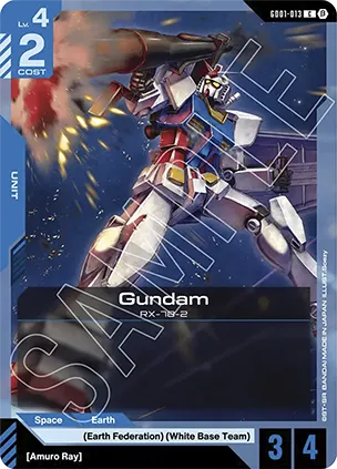 A sample Gundam Card Game Unit card, GD01-013 Gundam RX-78-2, showing Lv. 4 and Cost 2 in the top-left and 3 AP and 4 HP in the bottom-right.