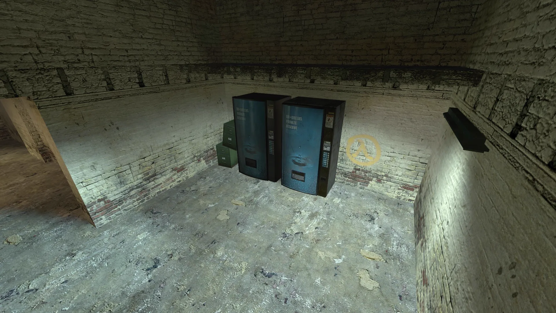 The first lambda cache marker in Half-Life 2: an orange lambda symbol spray-painted beside the two Dr. Breen vending machines that hide the entrance to Kleiner's lab.