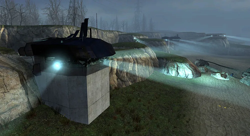 Combine bunkers on the foggy Sandtraps coast, searchlights sweeping the approach to Nova Prospekt.
