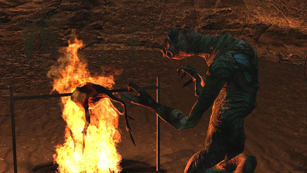 The Singing Vortigaunt kneeling by his cooking fire, roasting a fast headcrab on a spit in his hidden cave.