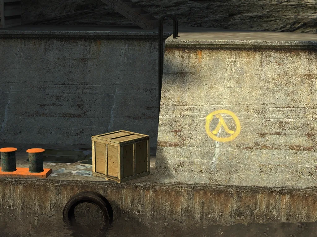 A lambda symbol spray-painted on the pier wall at Station 7 in Water Hazard, marking one of the chapter's ten caches.