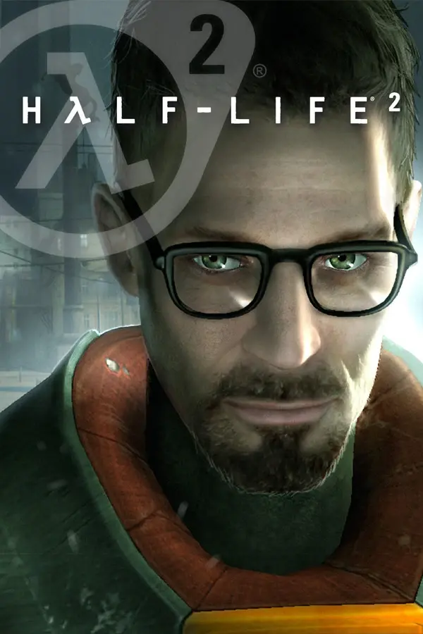 The Half-Life 2 cover art, showing Gordon Freeman in the Mark V HEV suit against City 17.