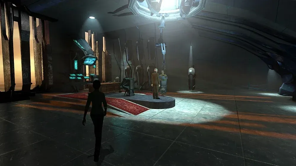 Wallace Breen's office at the top of the Citadel: a red carpet leading to a raised platform under a glowing overhead fixture, Alyx Vance walking toward it as evening light streams through tall windows.