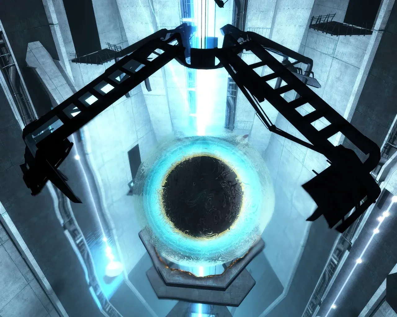 The Dark Energy Reactor near the top of the Citadel: a glowing blue-white sphere held by two mechanical claw arms inside a tall concrete shaft.