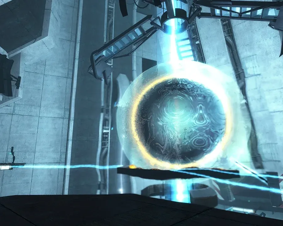 The Dark Energy Reactor core in close-up: the same glowing sphere seen from a different angle inside the reactor housing, swirling energy visible at its center.