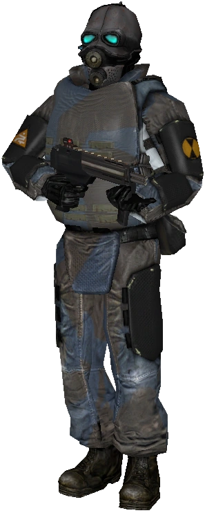 A Combine Overwatch Soldier in blue-grey armor and a full-face gas mask helmet, the standard enemy infantry of Half-Life 2.