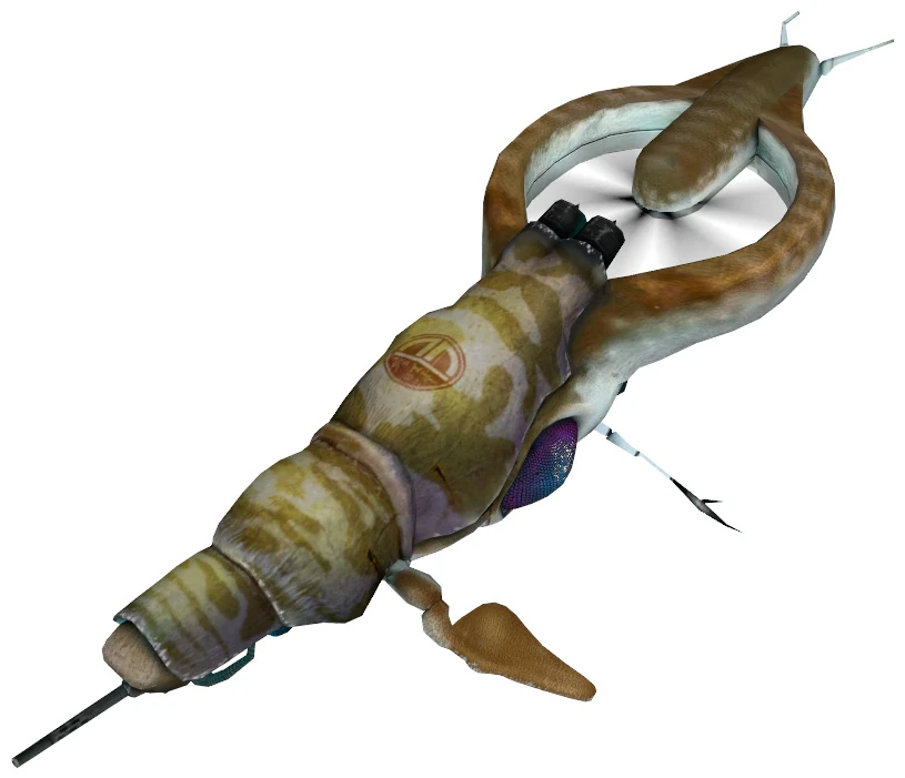 A Combine Gunship, the synth aircraft armed with a pulse cannon that resembles an aquatic creature, a recurring aerial threat in Half-Life 2.