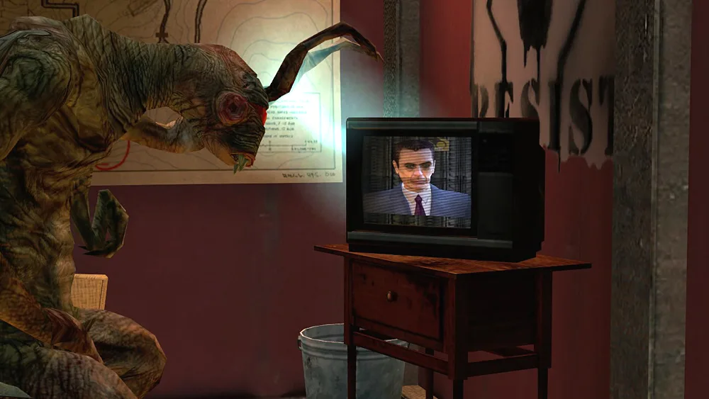 A Vortigaunt hunched beside an old television on a wooden stand, the G-Man's face filling the screen, with a stencilled RESIST slogan and a pinned map on the red boxcar wall behind it.
