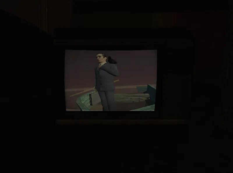 A dark room lit only by an old television showing the G-Man standing in a wooden rowing boat with a crow on his shoulder, one hand at his tie.