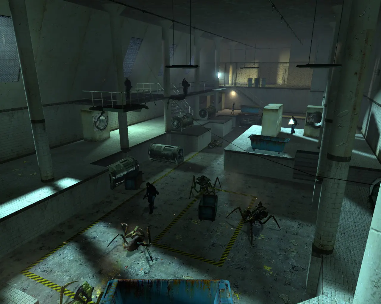 The Nova Prospekt laundry room in block C1: a two-level tiled hall of industrial washing machines, with three antlions on the floor below and Nova Prospekt Prison Guards firing from the catwalks above.