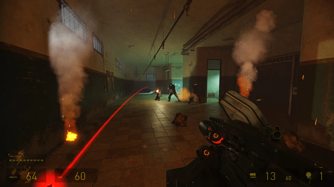 A Steam store screenshot from the Half-Life 2 RTX demo, which predates Update #4: a first-person view down a tiled Nova Prospekt corridor holding the pulse rifle, with two columns of grey smoke rising from small fires on either side, Combine soldiers at the far end, a red laser line running along the floor toward them, and the HUD showing 64 health, 60 suit and 13 rounds.