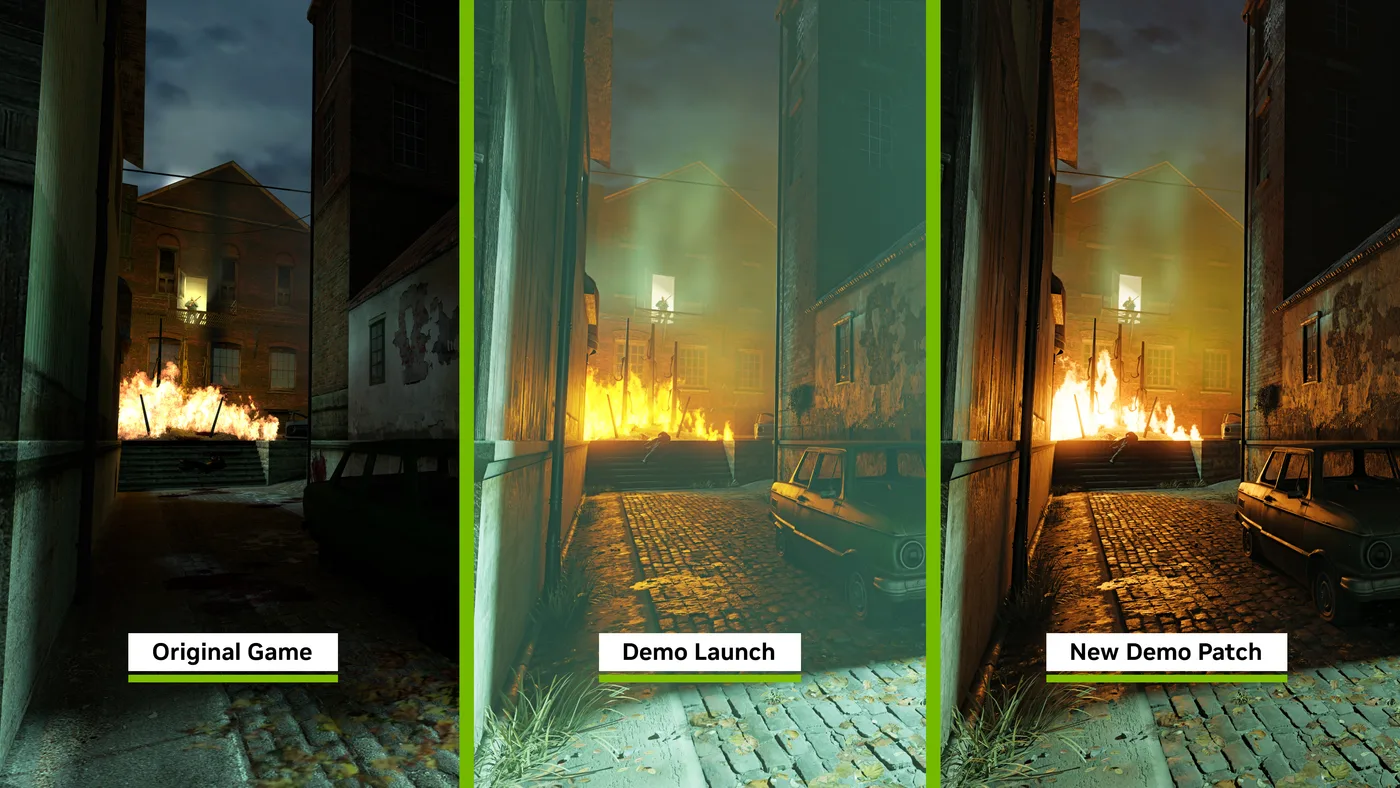 Orbifold's three-panel comparison from the May 8, 2025 Half-Life 2 RTX patch, showing the same Ravenholm alley, a wall of fire at the top of a short flight of stone steps and an old car parked on cobbles, labelled Original Game, Demo Launch and New Demo Patch: the launch panel is brighter with a green haze, and the patched panel is darker with the fire's orange light falling across the cobbles.