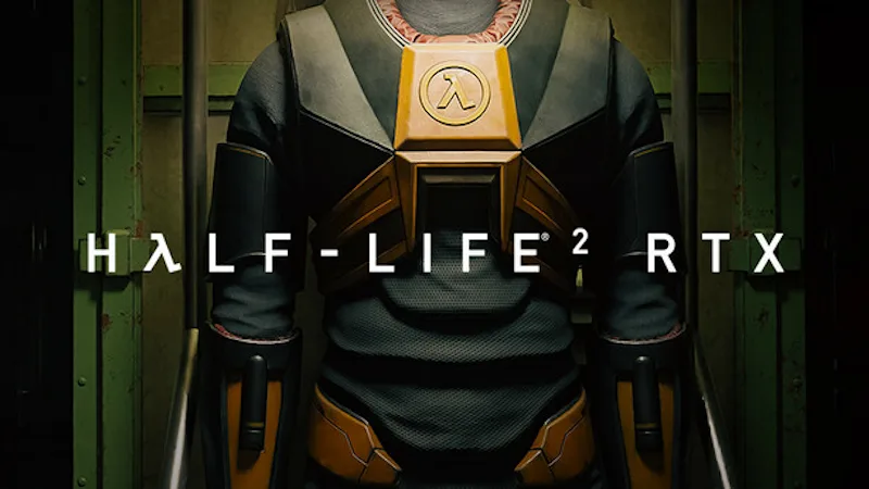 Orbifold Studios' announcement image for Half-Life 2 RTX Update #4: the torso of the HEV suit, with its orange chest plate and lambda logo, framed by dark green panels, with the words HALF-LIFE 2 RTX in white across the middle.