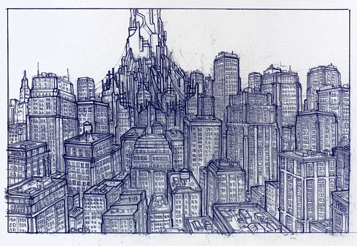 Valve concept art of the Citadel rising over the City 17 skyline, the view the VR Mod renders at roomscale.