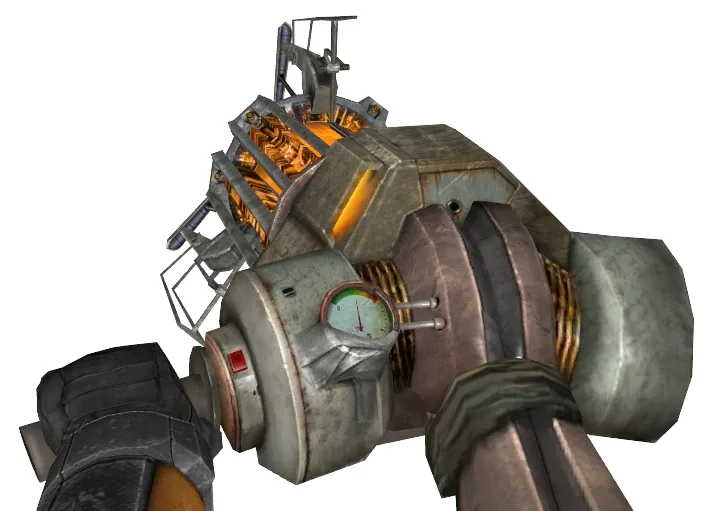 The Half-Life 2 gravity gun viewmodel in first person, the weapon the VR Mod maps onto tracked motion controllers.