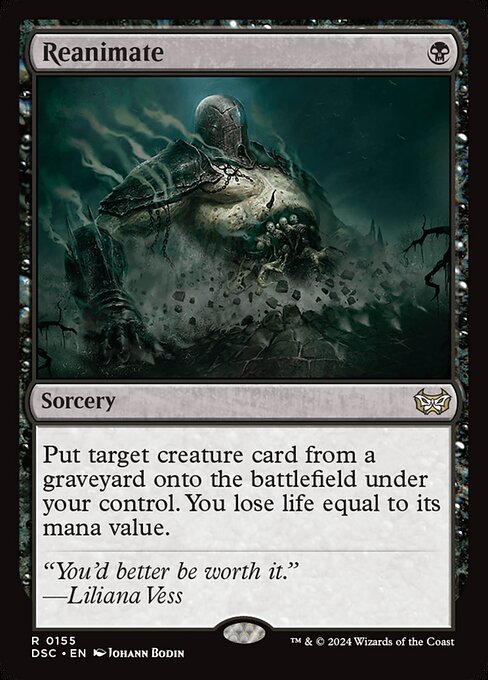 Reanimate, the one-mana black sorcery that returns any creature from any graveyard to the battlefield, paying life equal to its mana value.