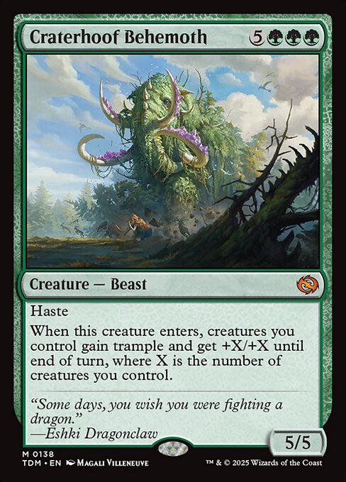 Craterhoof Behemoth, the eight-mana Beast that gives your whole board trample and +X/+X equal to your creature count — the best anthem finisher in Commander.
