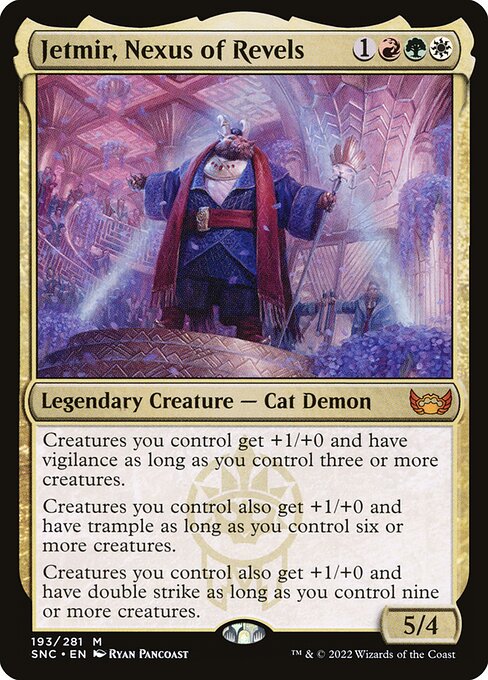 Jetmir, Nexus of Revels, a four-mana Naya legend whose anthem scales from vigilance to trample to double strike as your creature count grows.